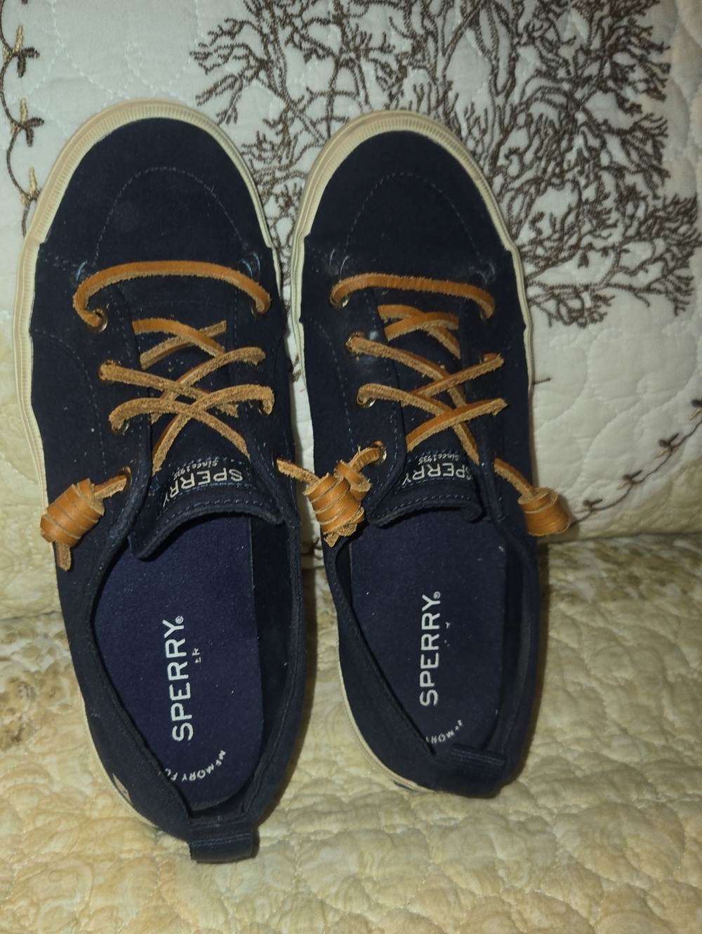 Sperry Men's Navy Suede Boat Shoe with Brown Laces